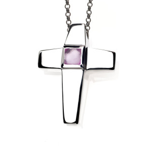 Cremation Jewelry Cross Keepsake Pendant With Pink Tourmaline by Treasured Memories, Inc.