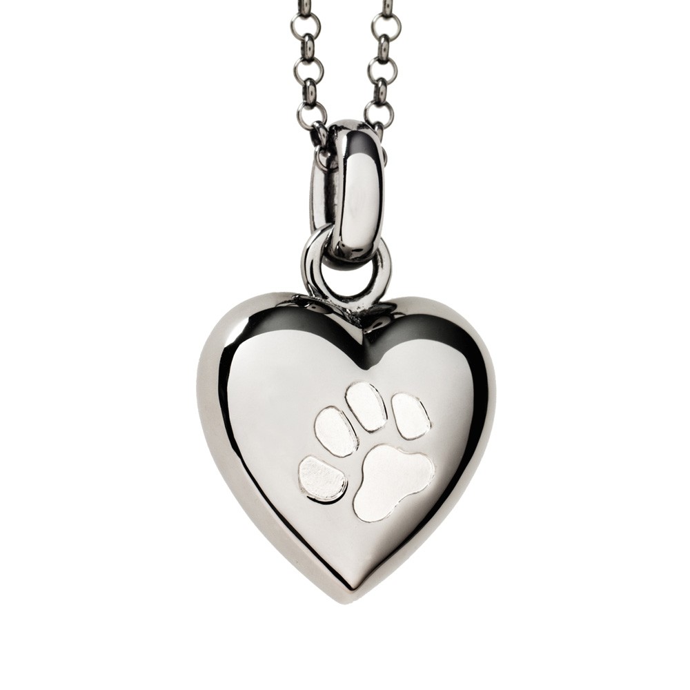 Pet Cremation Jewelry Keepsake Puffed Heart Pendant with two Paw Prints in Black Rhodium