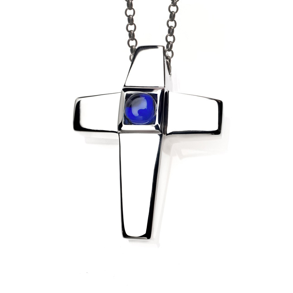 As shown, Treasured Memories® Cross Pendant with Simulated Sapphire Birthstone designed to match the End Caps of our Keepsake Bracelets, Pendants and Earrings. 