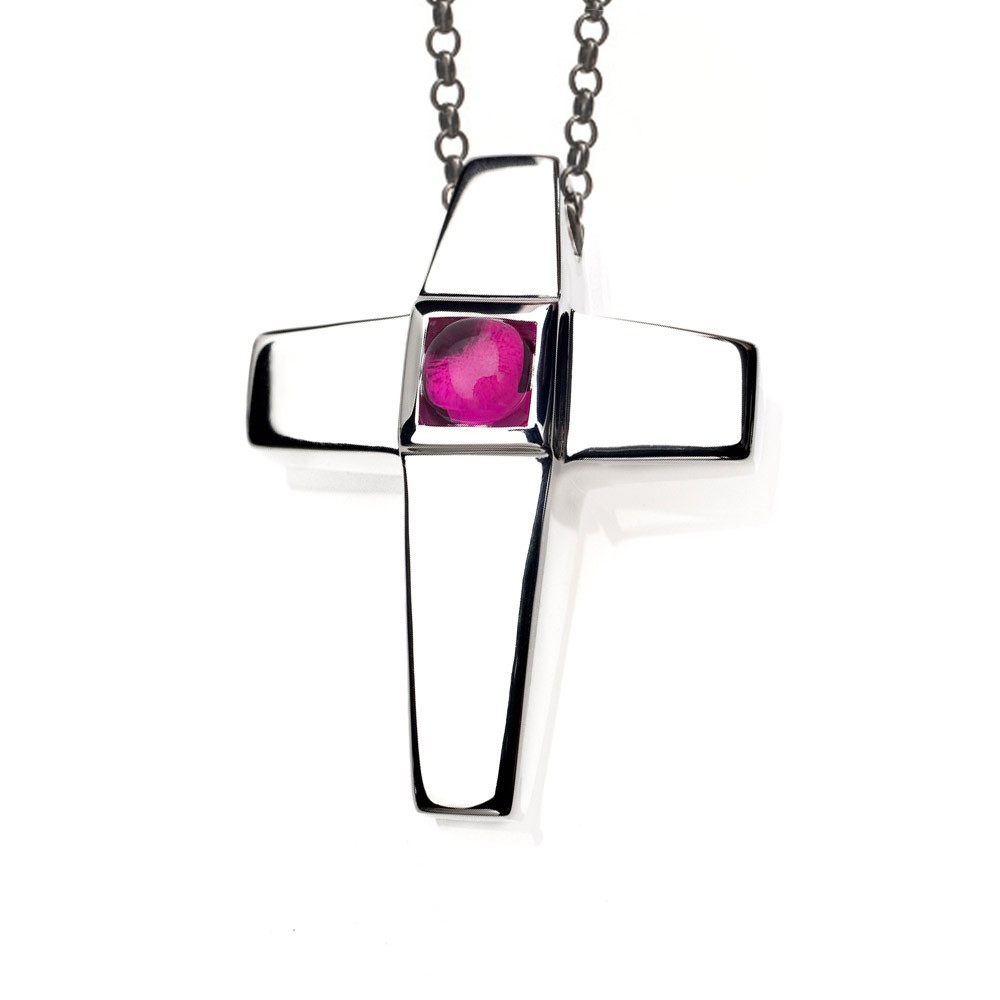 Cross Cremation Pendant Sterling Silver with Ruby Birthstone - TM Keepsake | Treasured Memories Cremation Jewelry